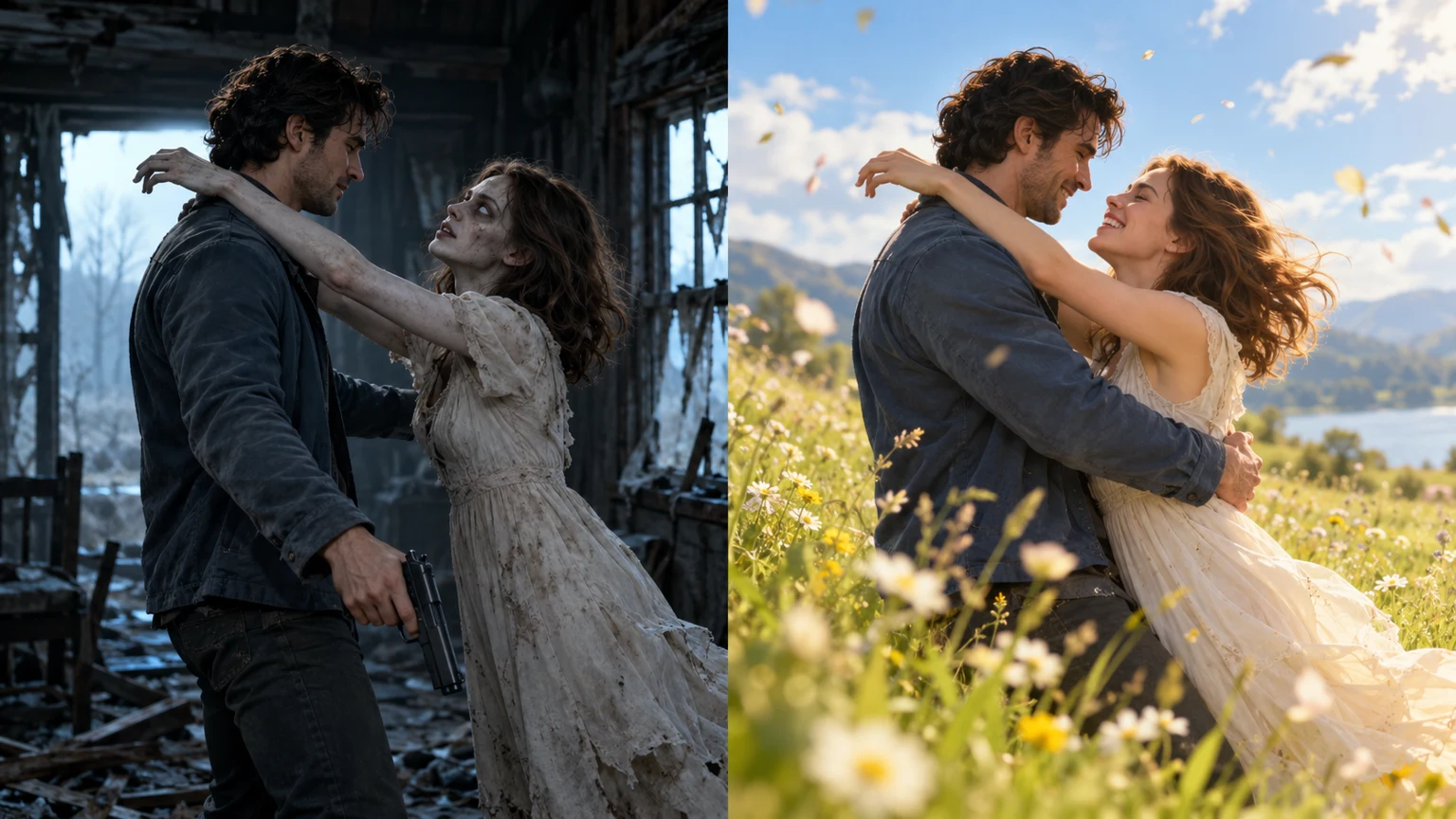 Concept illustration: a zombie embrace in a ruined cabin matches a loving hug in a sunny meadow